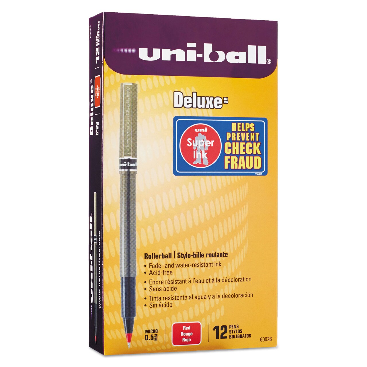 Uni-Ball Deluxe Stick Roller Ball Pen, Micro 0.5mm, Red Ink, Metallic Gray Barrel, Dozen